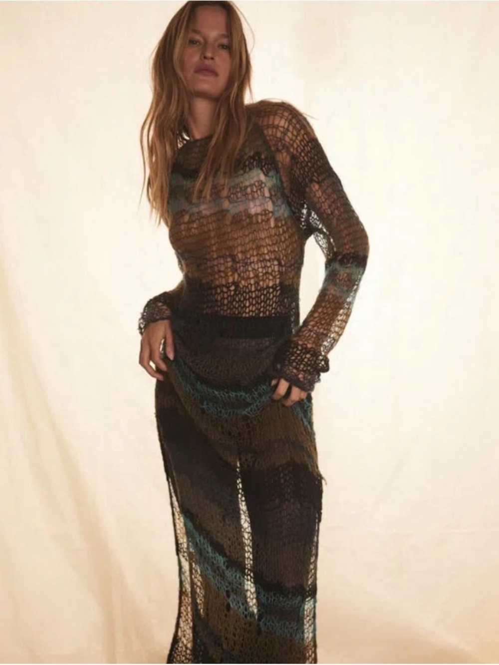 Rat & Boa Sheer Crochet Maxi Dress in Black with Teal and Brown Accents